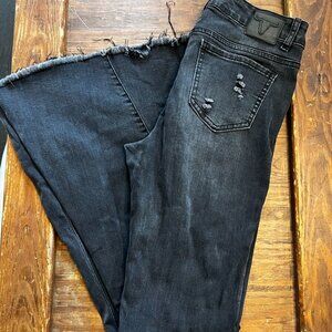 L&B | Black Distressed Wide Flare Jeans w/ Raw Hem